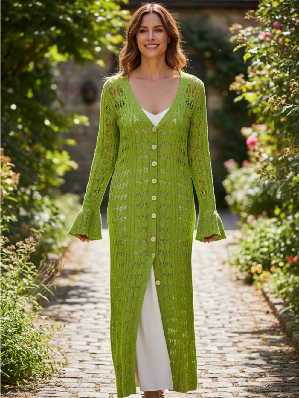 Long Open-Knit Button-Front Cardigan in Lime Green